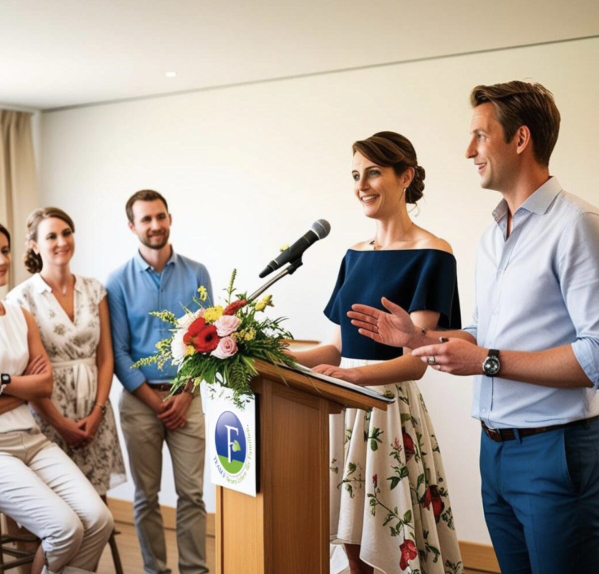 Gruppe im Raum, zusammen mit Referenten am Rednerpult