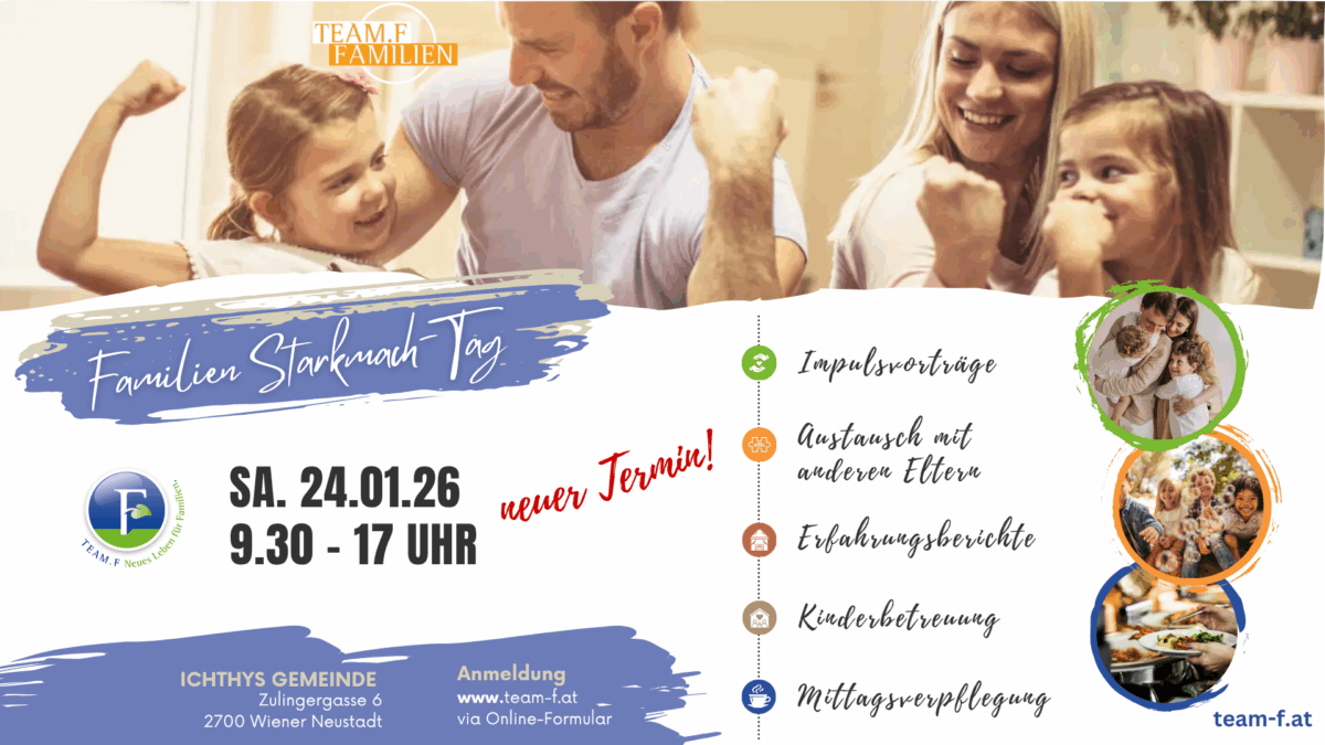 Seminarinfo für den neuen Termin. Im Hintergrund eine Familie - Mann und Frau mit zwei Mädchen im Alter von 4 bis 6 Jahren - heben die Hände wie ein Bodybuilder zu einer Stark-Pose.