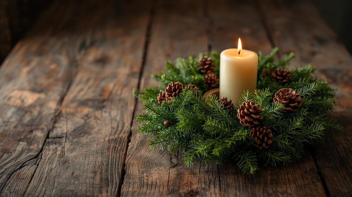 „Ich hole ein paar Tannenzweige aus dem Garten! Und vielleicht noch ein paar Zapfen!“ Bald duftete das ganze Zimmer nach Wald, und aus der kleinen Kerze war ein richtiger Adventskranz geworden.