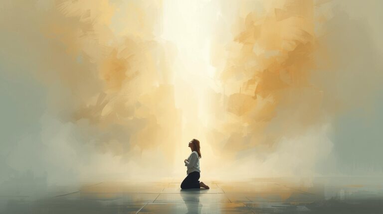 Eine Frau kniet auf dem Boden in Schein eines hellen Lichtes.