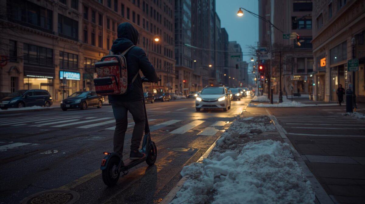 junger Mann fährt mit E-Scooter durch die Stadt in der Morgendämmerung.