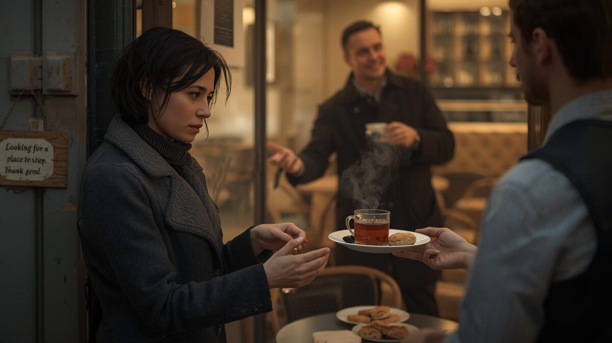 obdachlose Frau bekommt eine Tasse Tee und Kekse im Cafe geschenkt.