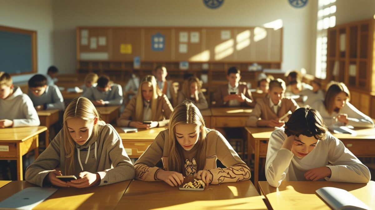Jugendliche Schüler sitzen in der Pause lustlos und starren auf ihr Handy.