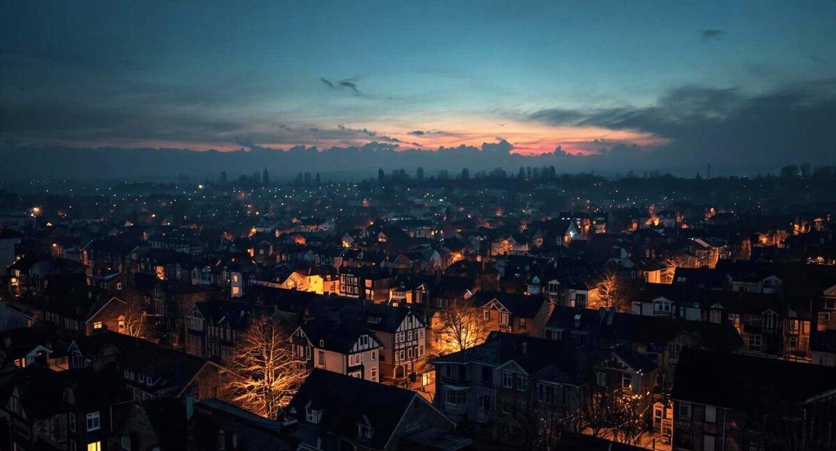 Stadt im Morgengrauen, wo die Straßenlaternen warmes Licht werfen.