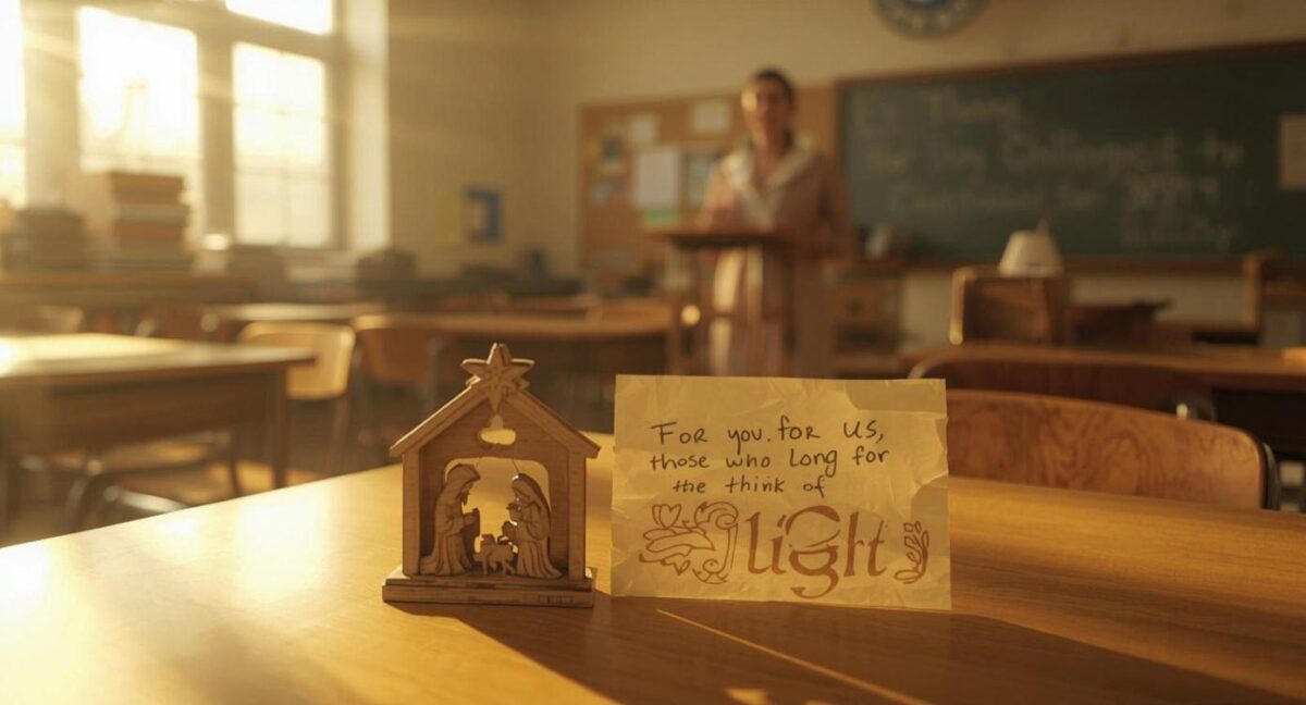 auf dem Lehrertisch in der Klasse steht ein Päckchen mit einer Holzkrippe und einer Notiz.