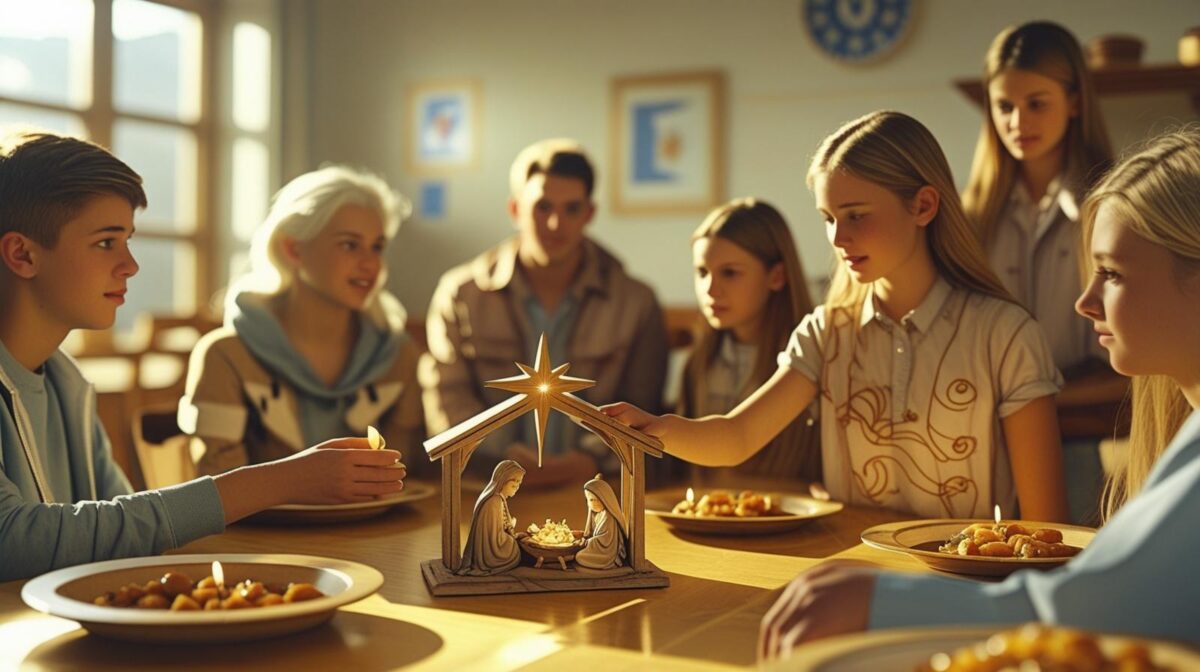 Weihnachtsessen mit der Nachbarschaft und Schulkindern. Auf dem Tisch steht eine Holzkrippe.