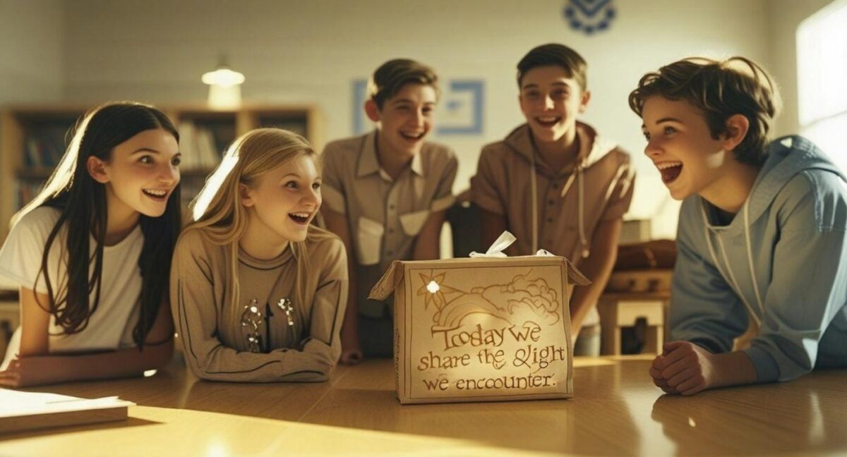 Teenager versammeln sich neugierig um ein Paket mit einer Notiz im Klassenzimmer.