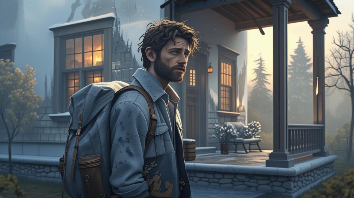 Ein müder junger Mann steht vor der Haustür und bittet um Einlass.