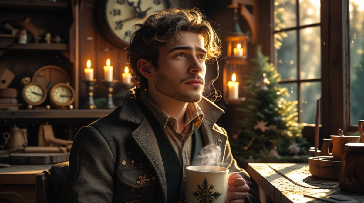 junger Mann sitzt im Zimmer mit einer Tasse Tee und schaut nachdenklich aus dem Fenster.