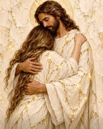Jesus hält eine Frau mit langen Haaren im Arm.